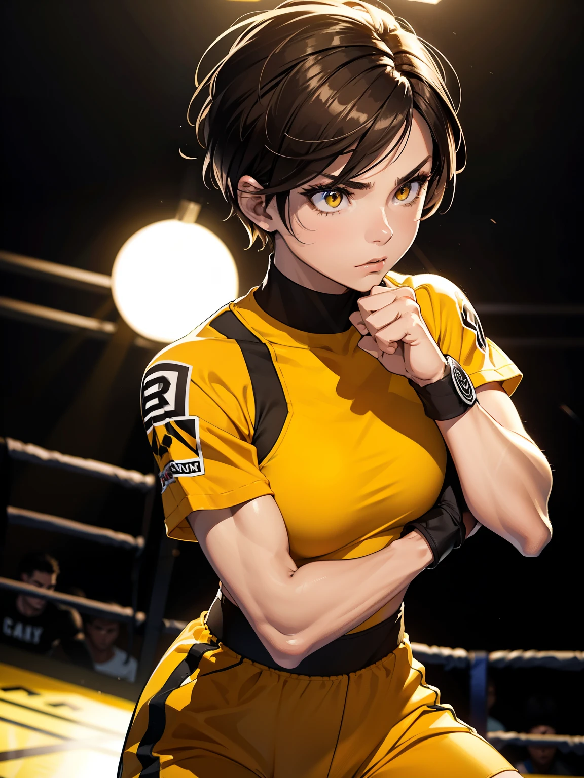 Furious Female boxer lifting the hands in clinch posture, short hair,brown hair, yellow glowing eyes, yellow eyes, short hair wearing boxing gloves, punching the camera, makeup, mascara, Lips are subdued or  colors, Minimalism, monotone, simple color palettes, Clean, sharp designs, flowing silhouettes, sports clothes, fighting clothes, high-waisted short, simple dresses, shirts, pants and blouses, asymmetrical, geometric,