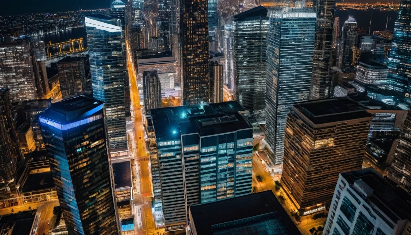 drone view of skyscrapers at night, insane details, intricate details, amazing fine detail, photorealistic, photograph, photorealism, rich colors, lifelike texture, neutral colors, Soft front light,cinematic lighting, dramatic lighting sharp focus, wide angle, film grain, dslr, raw photo, photographed on Nikon