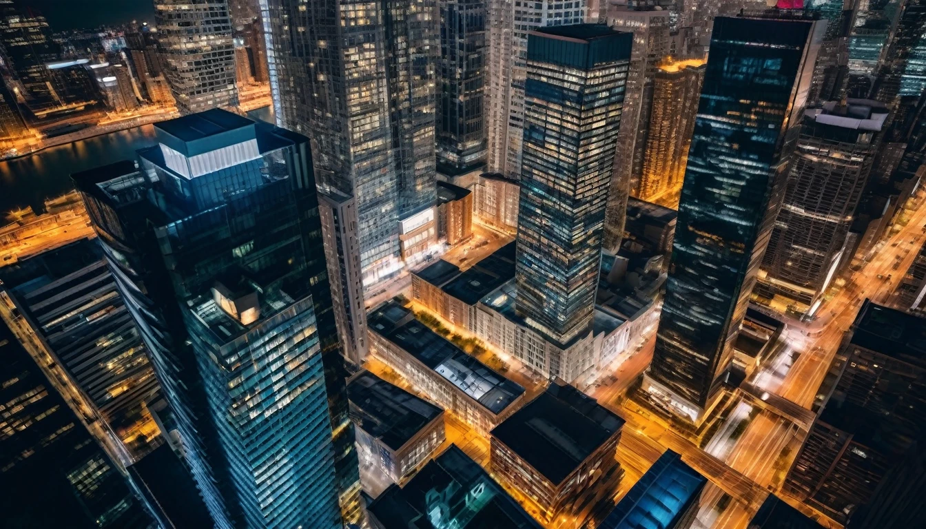 drone view of skyscrapers at night, insane details, intricate details, amazing fine detail, photorealistic, photograph, photorealism, rich colors, lifelike texture, neutral colors, Soft front light,cinematic lighting, dramatic lighting sharp focus, wide angle, film grain, dslr, raw photo, photographed on Nikon