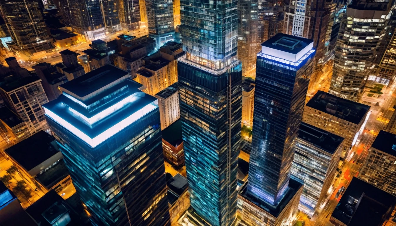 drone view of skyscrapers at night, insane details, intricate details, amazing fine detail, photorealistic, photograph, photorealism, rich colors, lifelike texture, neutral colors, Soft front light,cinematic lighting, dramatic lighting sharp focus, wide angle, film grain, dslr, raw photo, photographed on Nikon