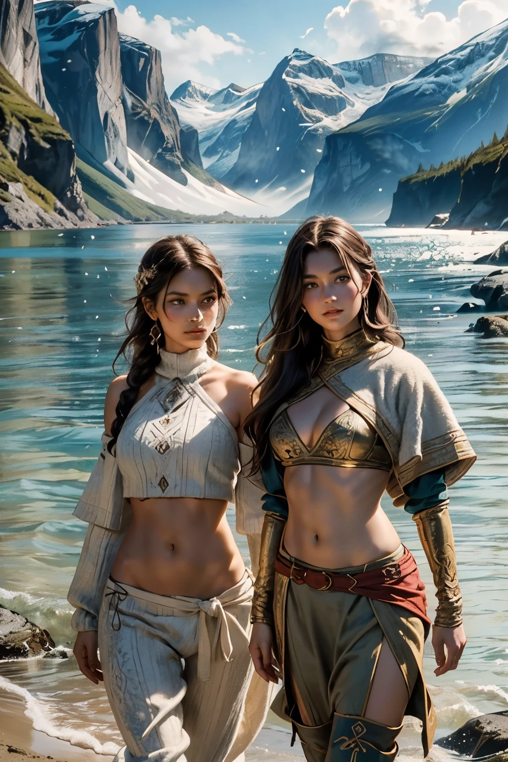 Beautiful Brunettes (Two women with luscious brown hair that cascades down to their waists, their bodies toned and athletic from years of swimming in the fjords)
Swimming in Norwegian Fjords (A serene scene of the women gracefully swimming in the crystal-clear blue waters of the Norwegian fjords, the sun casting a warm golden glow on their flawless, tanned skin)
Viking Clothes (They are dressed in traditional Viking clothing - intricately patterned woolen tunics, boldly-stitched trousers, and furs for warmth)
Perfect Bodies (Their bodies are a sight to behold,