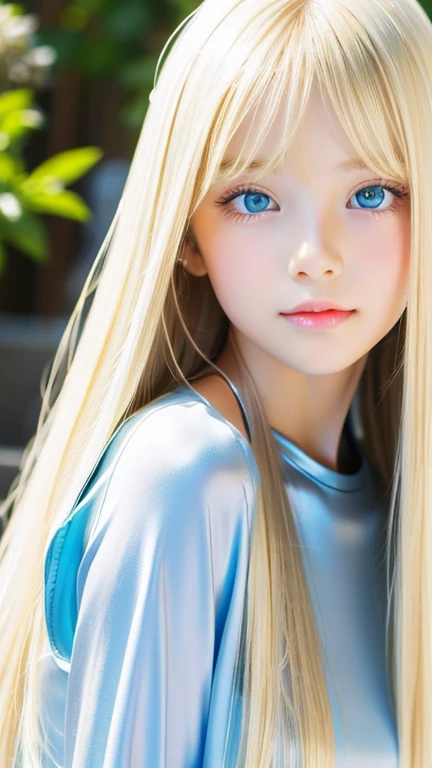 Super long blonde super long straight silky hair、Bangs on a beautiful face between the eyes、Very cute beautiful sexy young age girl、So perfect beautiful cute face、clear, beautiful, bright, Big pale light blue eyes、Very big cute eyes、Small Face Beauty、Cheek highlight、white, bright and shiny skin、Small Face Beauty