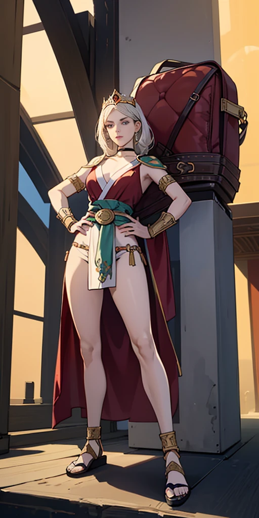 full body, whole body. 1solo (girl). slave fighter, loincloth standing, hands on hips full body, whole body. 1solo (girl). slave fighter, loincloth standing, hands on hips, metal sandals, backpack, choker, big belt, view from below, feet together, bracers, tiara