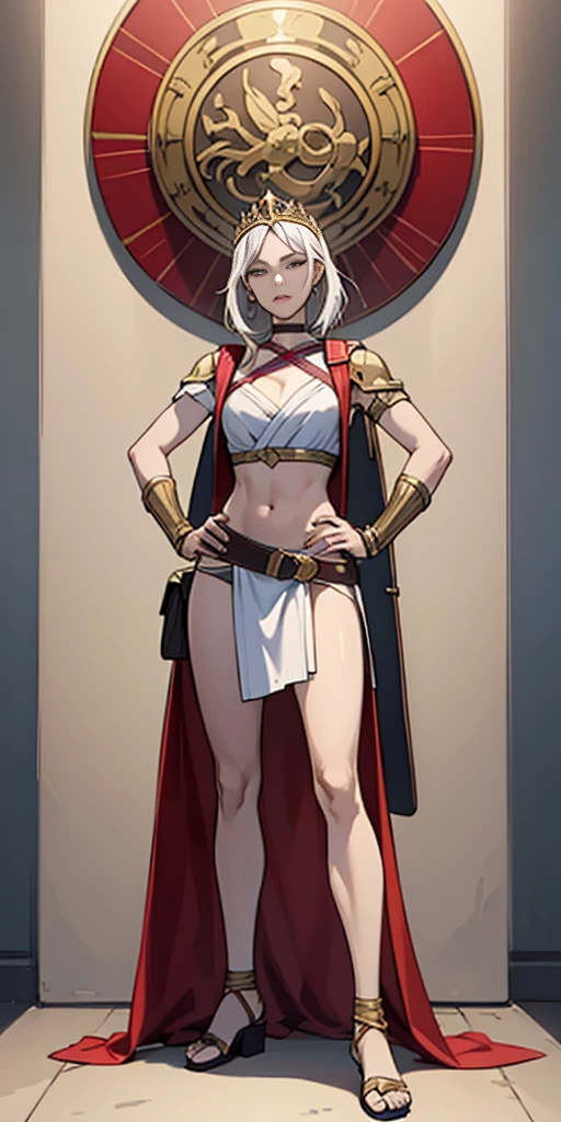 (Masterpiece, plain background:1.2) Female full body, standing straight symmetrical feet together, blood dark elf, dark skin, long messy white hair, short elf ears, circlet, yellow eyes, 1990s (style), female 1sologirl slingshot micro bikini, barefoot, bare handcuffs, shackles wristbands, bracers, bracelets, pauldrons metal shoulders