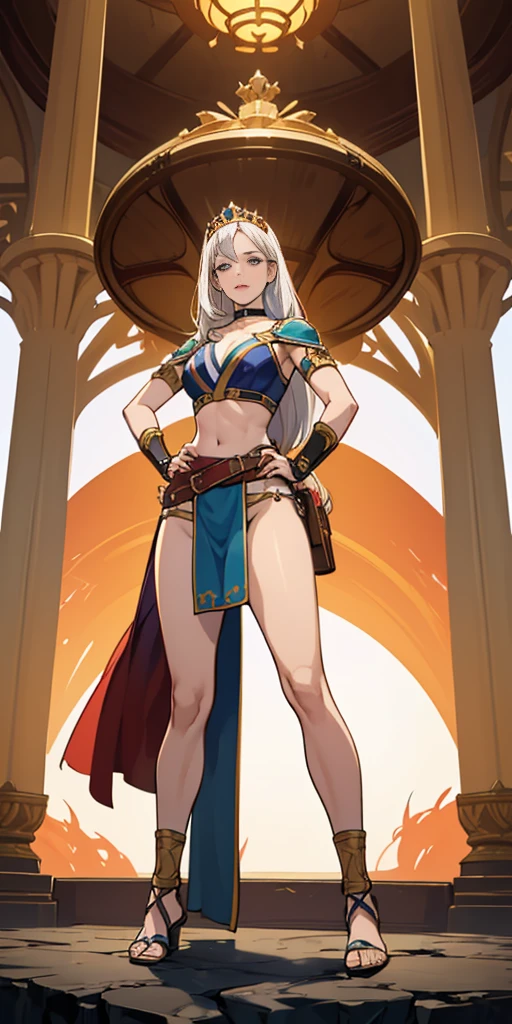 full body, whole body. 1solo (girl). slave fighter, loincloth standing, hands on hips full body, whole body. 1solo (girl). slave fighter, loincloth standing, hands on hips, metal sandals, backpack, choker, big belt, view from below, feet together, bracers, tiara