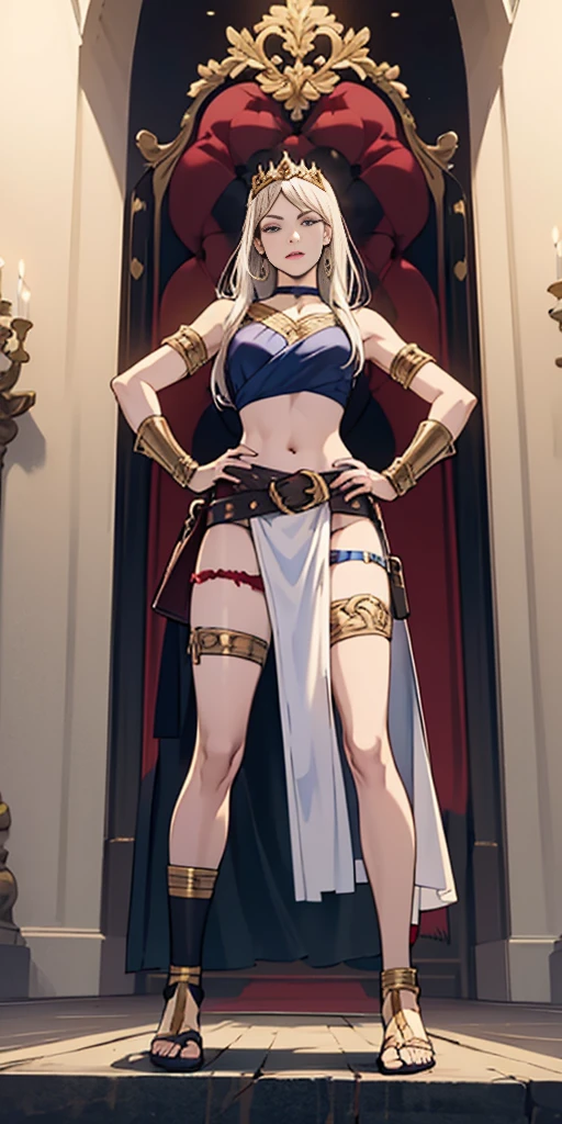 full body, whole body. 1solo (girl). slave fighter, loincloth standing, hands on hips full body, whole body. 1solo (girl). slave fighter, loincloth standing, hands on hips, metal sandals, backpack, choker, big belt, view from below, feet together, bracers, tiara
