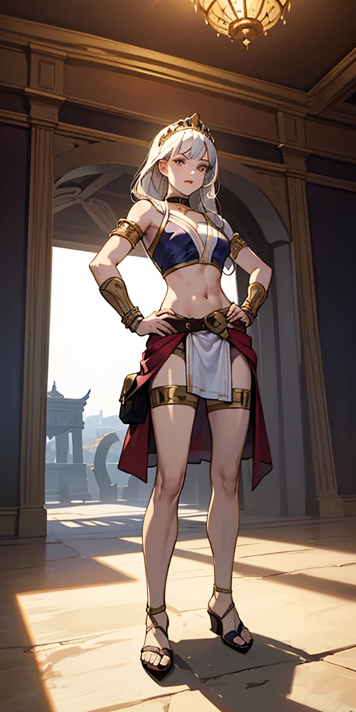 Very long hair, ponytail, Perfect Anatomy, Pirotess, 1girl, elf, long hair, white hair, circlet, yellow eyes, dark skin, 1990s (style), Slim Thick ((Muscular)) High Elf Tone Body, Gold crown, Slim Abs, Cameltoe, Hourglass Waist, Detailed face, Pronounced cheekbones, Swollen lips, Hands on hips, Glare, Hall々Behave with dignity, From above, ultra high quality, high resolution, masterpiece, exquisite, absurdes, Beautiful and detailed face, Beautiful and detailed eyes, Beautiful and detailed glossy brown skin, cinematic lighting, clair obscur, deep shadows, backlighting, deep focus, sharp focus,