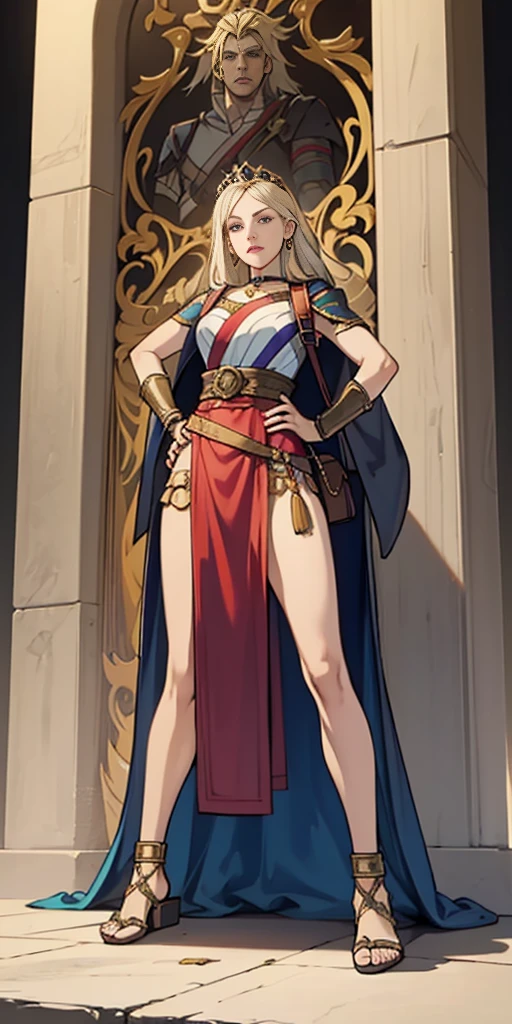 full body, whole body. 1solo (girl). slave fighter, loincloth standing, hands on hips full body, whole body. 1solo (girl). slave fighter, loincloth standing, hands on hips, metal sandals, backpack, choker, big belt, view from below, feet together, bracers, tiara