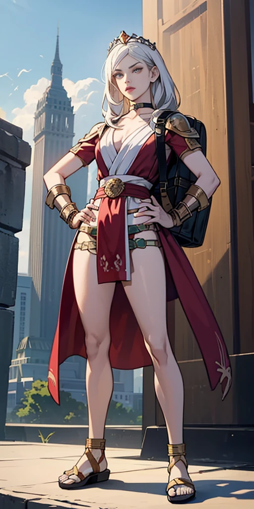 full body, whole body. 1solo (girl). slave fighter, loincloth standing, hands on hips full body, whole body. 1solo (girl). slave fighter, loincloth standing, hands on hips, metal sandals, backpack, choker, big belt, view from below, feet together, bracers, tiara