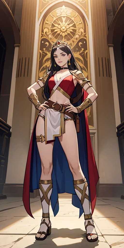 full body, whole body. 1solo (girl). slave fighter, loincloth standing, hands on hips full body, whole body. 1solo (girl). slave fighter, loincloth standing, hands on hips, metal sandals, backpack, choker, big belt, view from below, feet together, bracers, tiara