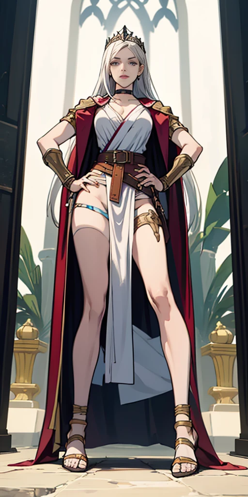 full body, whole body. 1solo (girl). slave fighter, loincloth standing, hands on hips full body, whole body. 1solo (girl). slave fighter, loincloth standing, hands on hips, metal sandals, backpack, choker, big belt, view from below, feet together, bracers, tiara