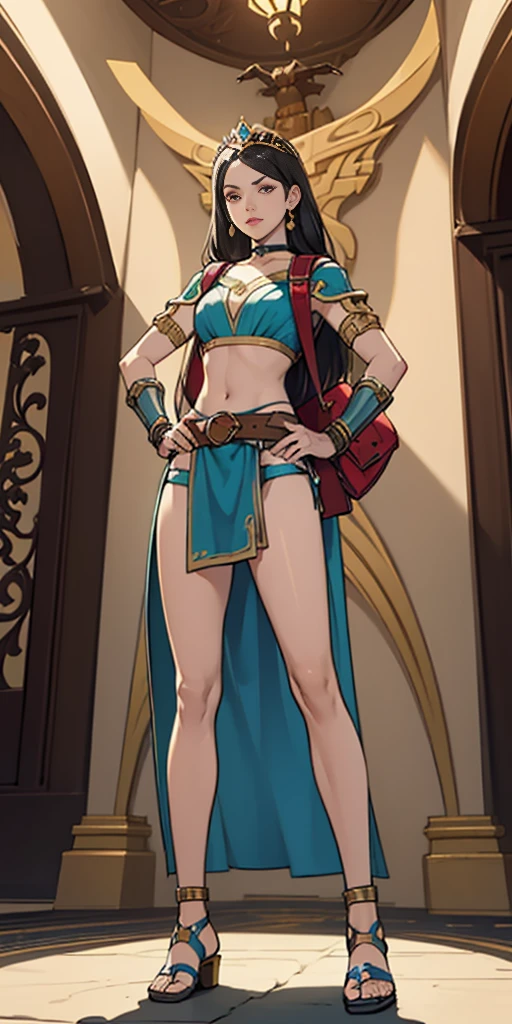 full body, whole body. 1solo (girl). slave fighter, loincloth standing, hands on hips full body, whole body. 1solo (girl). slave fighter, loincloth standing, hands on hips, metal sandals, backpack, choker, big belt, view from below, feet together, bracers, tiara