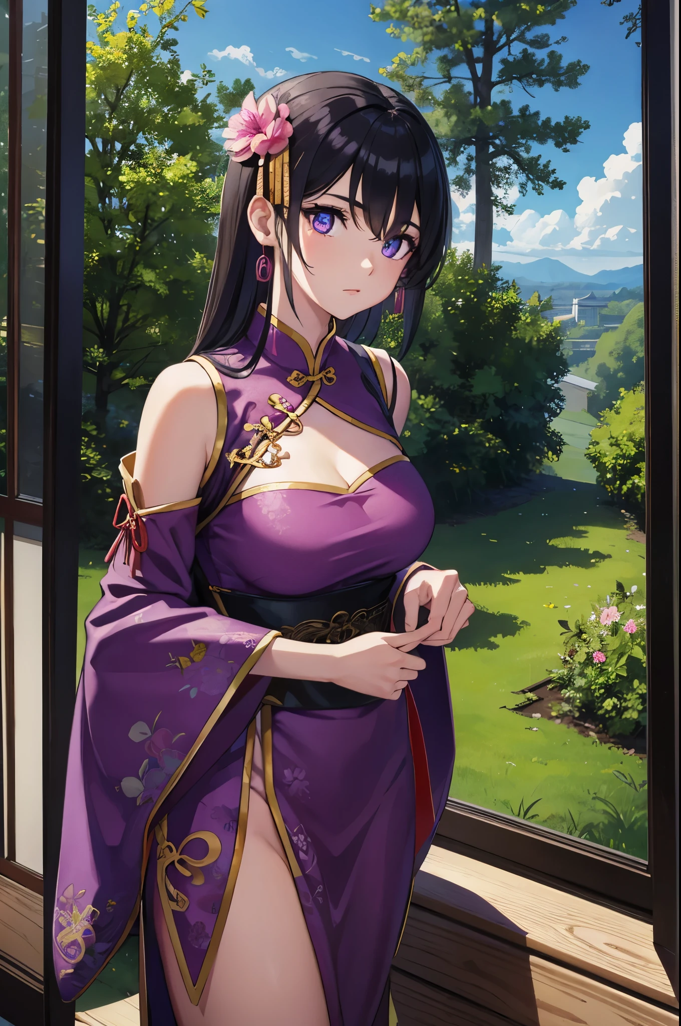 age woman, Chinese clothing, pink & purple Chinese dress, Chinese, chest window, cleavage, purple eyes, black hair, concubine, BREAK outdoors, nature, forest, trees, grass, sun, sky, clouds, BREAK looking at viewer, BREAK (masterpiece:1.2), best quality, high resolution, unity 8k wallpaper, (illustration:0.8), (beautiful detailed eyes:1.6), extremely detailed face, perfect lighting, extremely detailed CG, (perfect hands, perfect anatomy),