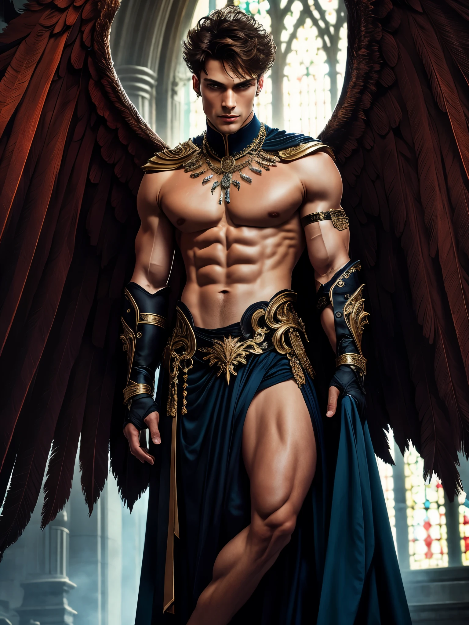 (extremely detailed 8k wallpaper), a medium shot shot of a young male model, masculine features, blue eyes, brown hair, strong jawline, fit body, which tall, full body, prince aesthetic, gothic architecture, shirtless, soft lighting, beauty lighting , huge massive black angel wings,