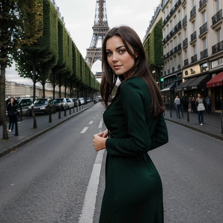 Brunette woman between 25 and 30 years, green eyes, voller Busen, dunkler Hintergrund, vollbild in Abendkleid, Height 1,78m, lange Beine, vor dem Eifelturm in paris, macht peace zeichen mit den fingern, lacht