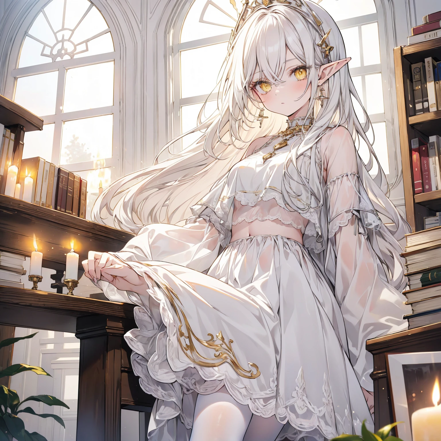 (masterpiece, depth of field, delicate, aesthetic, voluminous forms), a girl, skinny, pale, big thighs, medium breasts, ((white long hair, yellow eyes, long eyelashes)), wearing a crop top, coat, shorts, thighhighs, necklace, earrings, elf ears, ((scenery, indoors, cute room, minimalist interior, white and pastel colours, window, books, candles))