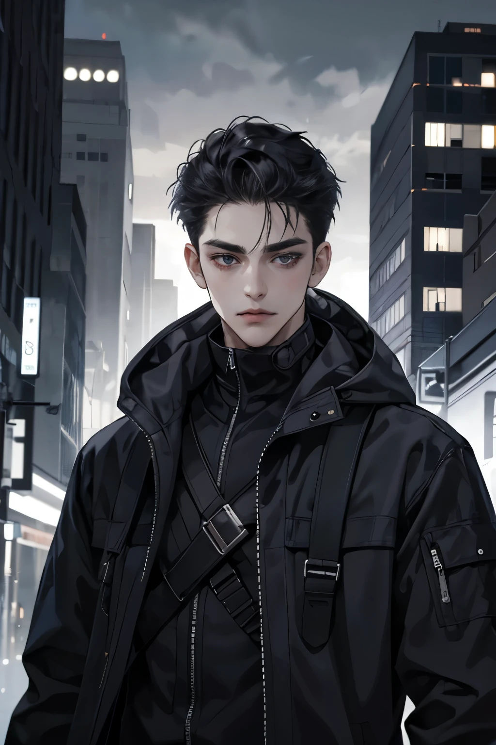 1 boy, looking at viewer, upper body, black techwear coat, hood, dark night city, brutal, detalized face, with buckle and tape, Carrying a weapon on his back, serious expression, vampire hunter