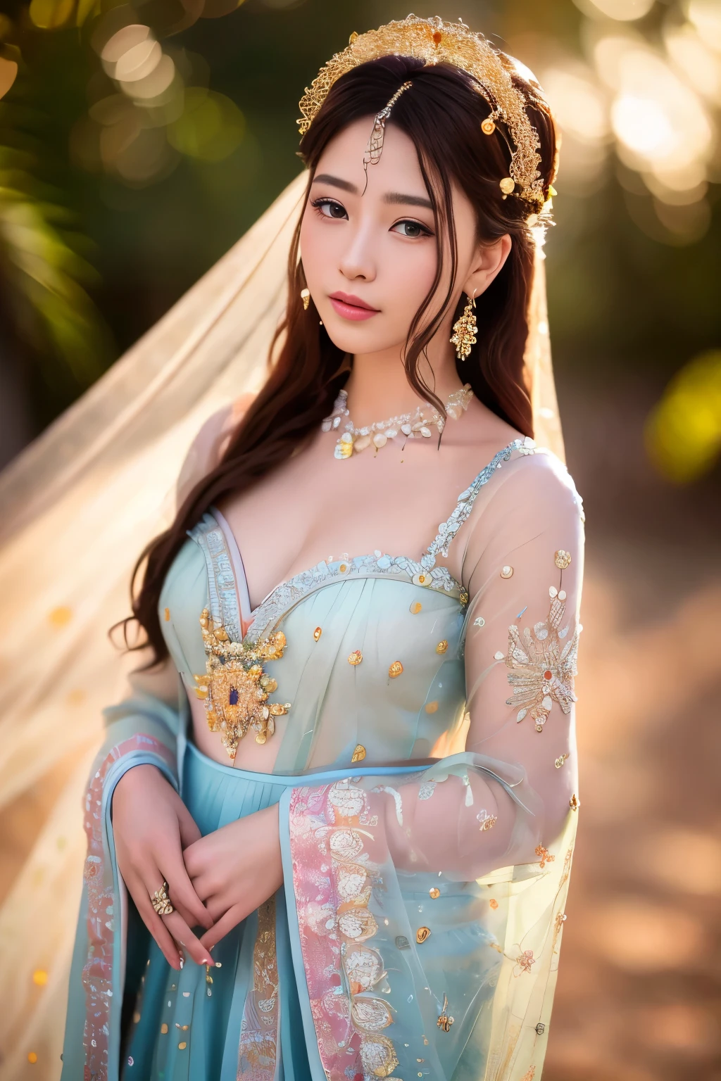 (8k, RAW photo, best quality, masterpiece:1.2), High detail RAW color photo, capturing every intricate texture and hue, (realistic, photo-realistic:1.37), a stunningly beautiful image of one girl, adorned with exquisite hair ornaments that shimmer in the light, (best quality:1.2), her luxurious gown cascades around her, showcasing a vibrant array of colors, adorned with intricate lacework and an abundance of delicate flowers that seem to bloom before our very eyes, her graceful pose adds to the ethereal elegance and majestic beauty of the scene, as she