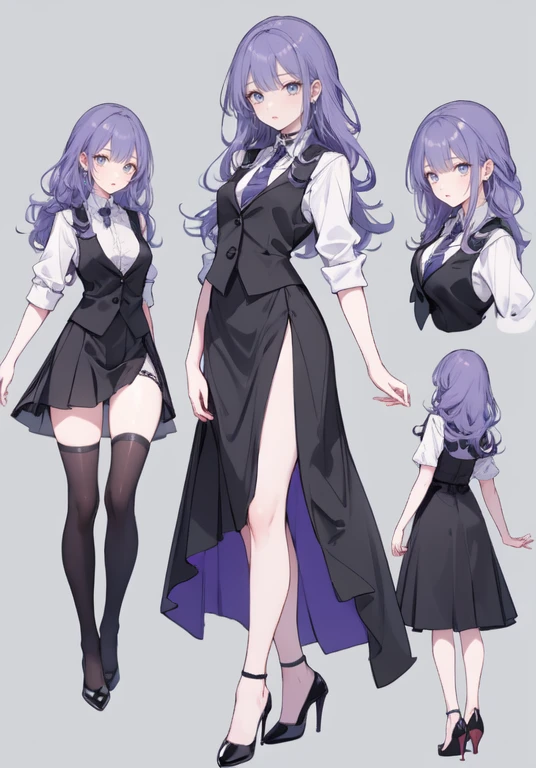 ((Perfect Face)),Purple Hair,voluminous long hair,Adult female,bartender,suit,Black vest,((A shirt with rolled up sleeves)),tie,skirt,slit,High heels,,((Simple Background)),smile,((Full Body)),((full body)),Character portrait,virtual,upright,,Both arms are down,Standing upright,