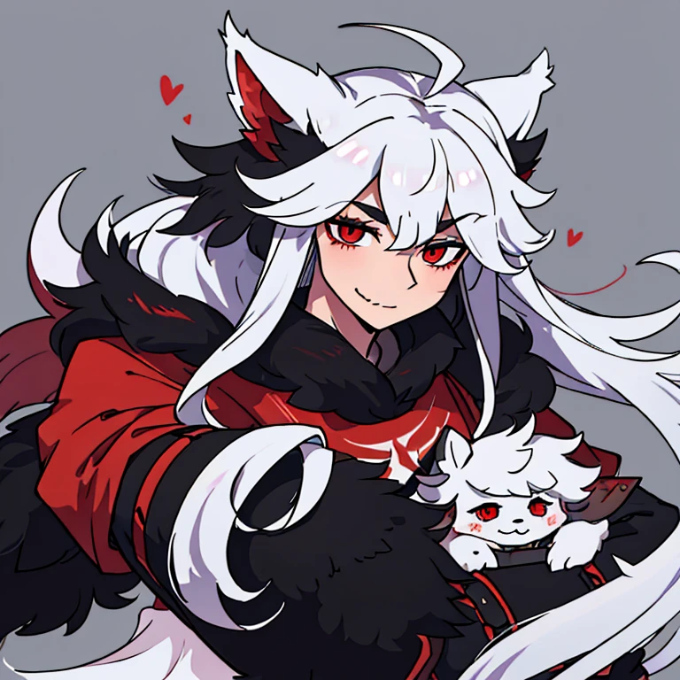 an anthrophomorphic white wolf furry which hair extends big and fluffy, his eyes are fully black sclera and with red iris, he uses a Black tshirt, smilling weakly