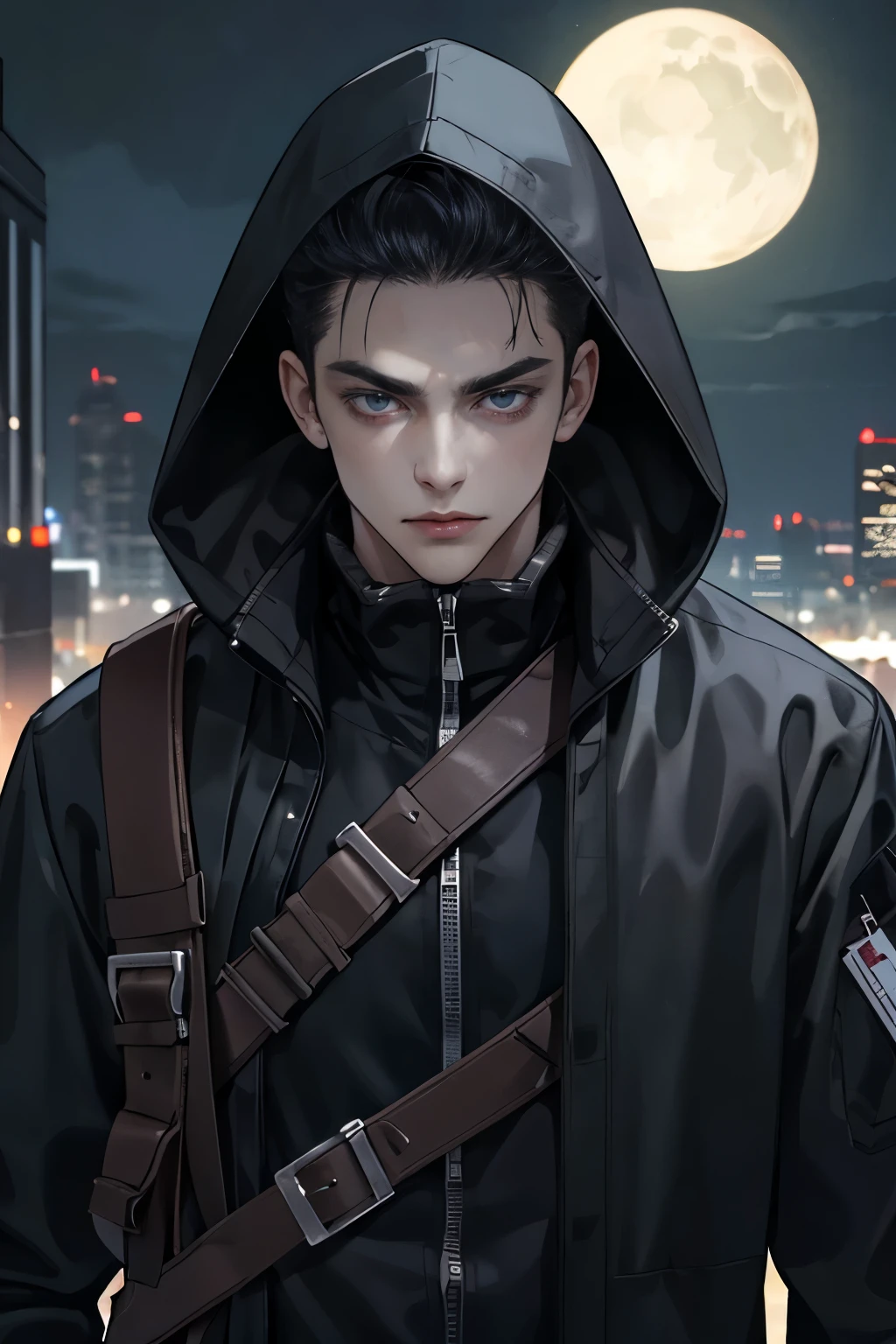 1male, looking at viewer, upper body, black techwear coat, hood, dark night city, brutal, detalized face, with buckle and tape, Carrying a weapon on his back, serious expression, vampire hunter