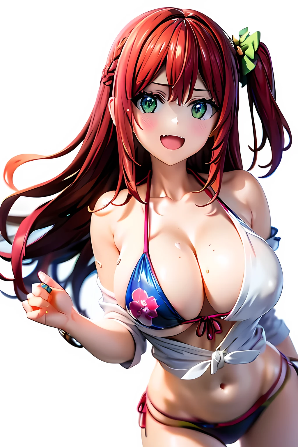 best quality, masterpiece, extremely detailed CG, official art , professional lighting, sakimiyairuka, one side up, green scrunchie, hair ornament, red hair, green eyes, perfect face, gleaming skin, bikini, groin