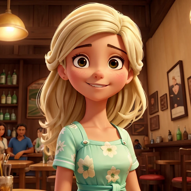 Crie uma arte de uma jovem de 20 anos, brasileira, com cabelos curtos e pretos, olhos castanhos, praiana, branca dos olhos escuros, com um belo sorriso no rosto, extremamente bonita, wearing a flowery dress with straps, in a bar with a caipirinha in hand distracted. Como se fosse a capa de um filme. CABELOS ESCUROS