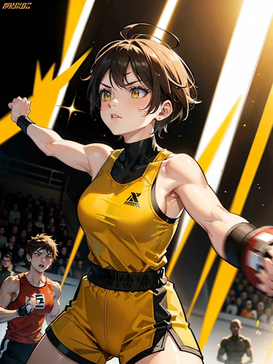 Furious Female boxer lifting the hands in clinch posture, short hair,brown hair, yellow glowing eyes, yellow eyes, short hair wearing boxing gloves, punching the camera, makeup, mascara, Lips are subdued or  colors, Minimalism, monotone, simple color palettes, Clean, sharp designs, flowing silhouettes, sports clothes, fighting clothes, high-waisted short, simple dresses, shirts, pants and blouses, asymmetrical, geometric,