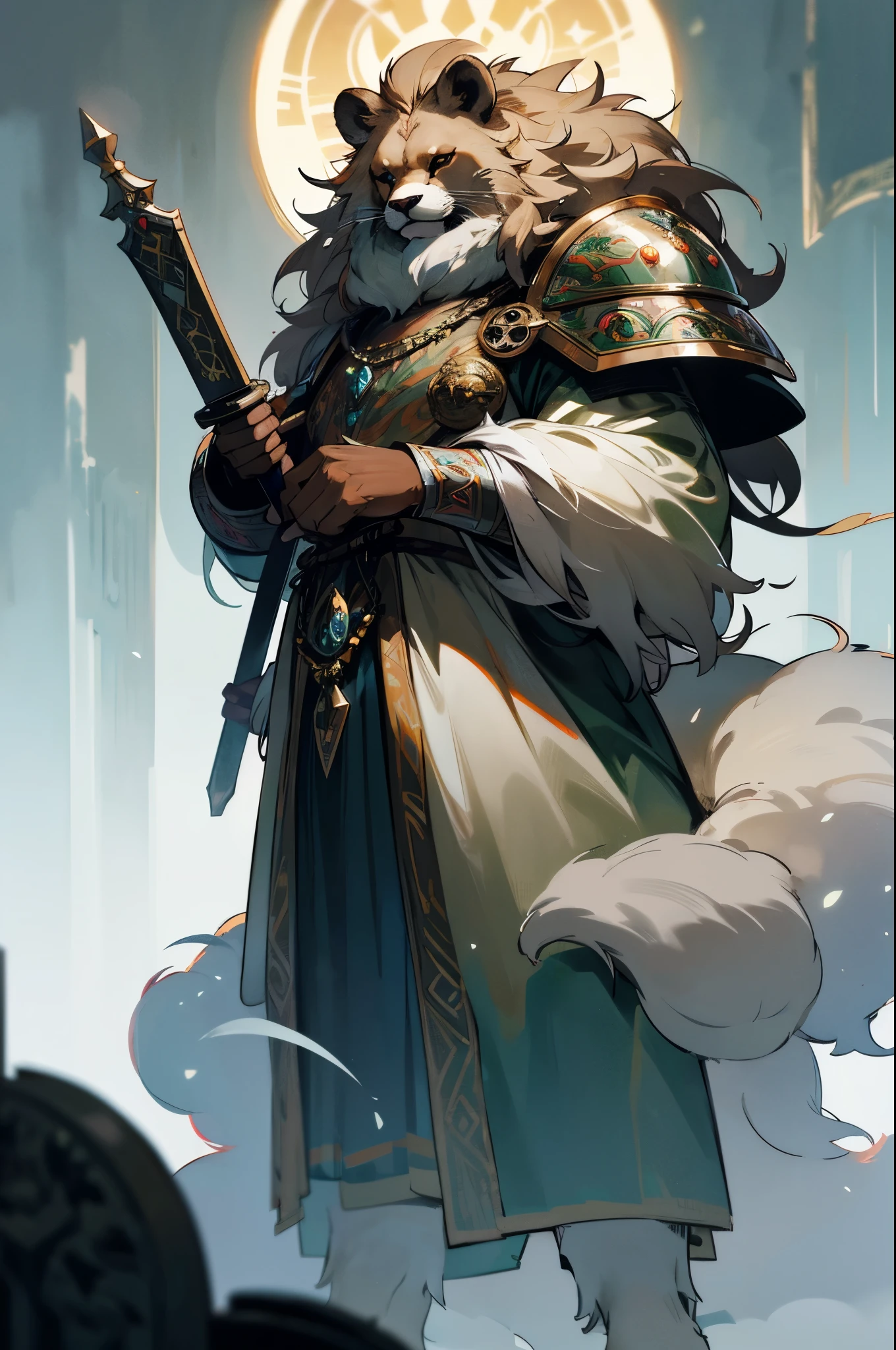 druid lion, antropomorphic, high ornamented armor, fluffy fur, foggy, stormy, 70mm, cinematic, highly detailed, bear real size, standing, with a quiver, magical lights, magical aura, strong lights, high illumination