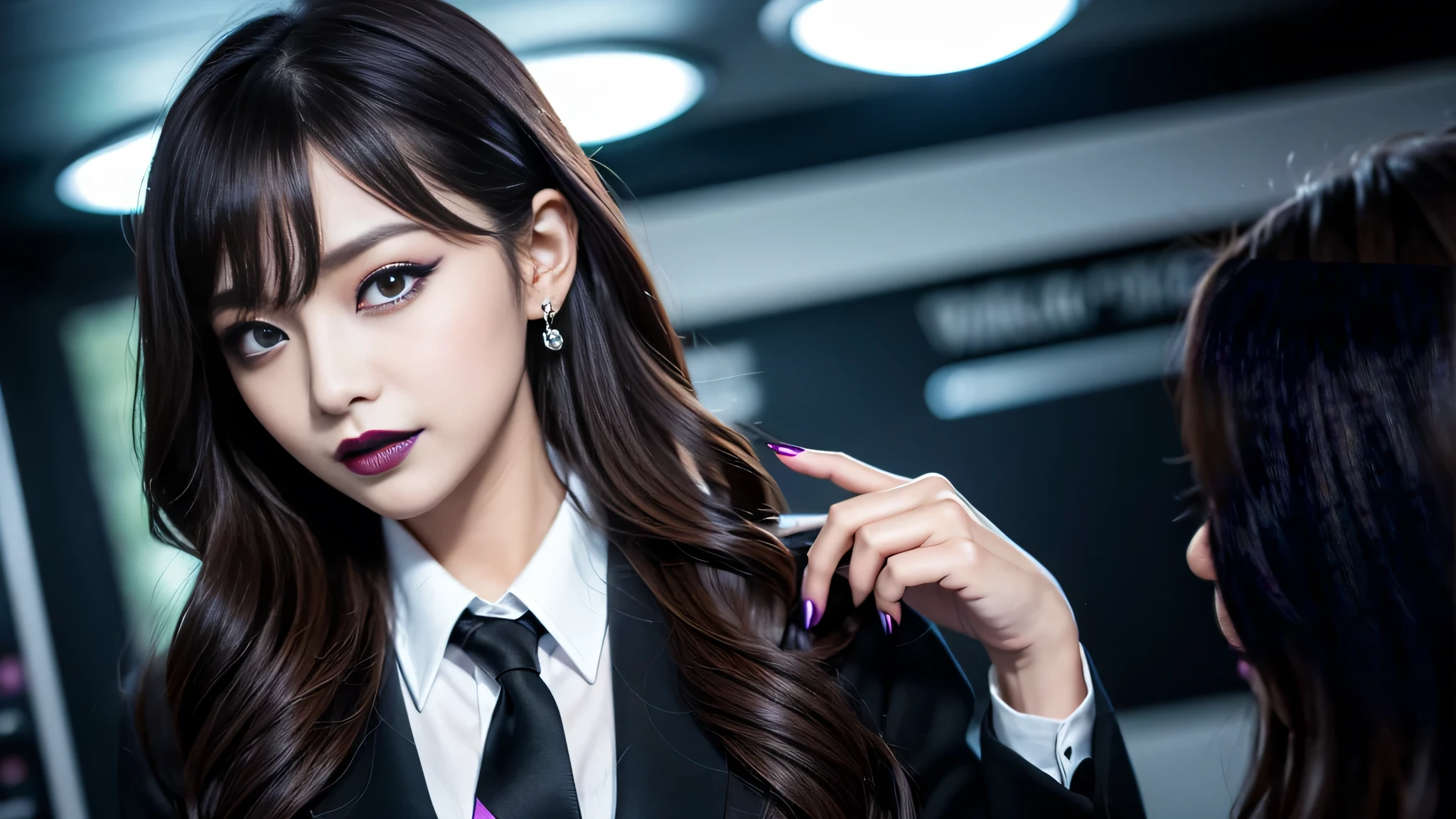 1 person、best quality、ultra-detailed、4k、Japanese、Seductive beauty、seductive adult woman、Pretty Woman、cool girl、Villainess、Brainwashed、brainwash、Fallen into evil、smirk、Evil look、Wicked Smile、evil、Brown hair、wavy hair、swept bangs、dark makeup、dark makeup、piercing eyes、hollow eyes,half-closed eyes、Hollow Eyes、purple Eyeshadow、black lipstick、black lipglos、female teacher、suit、ribbon、Jacket、night、inside darkroom、Applying lipstick、