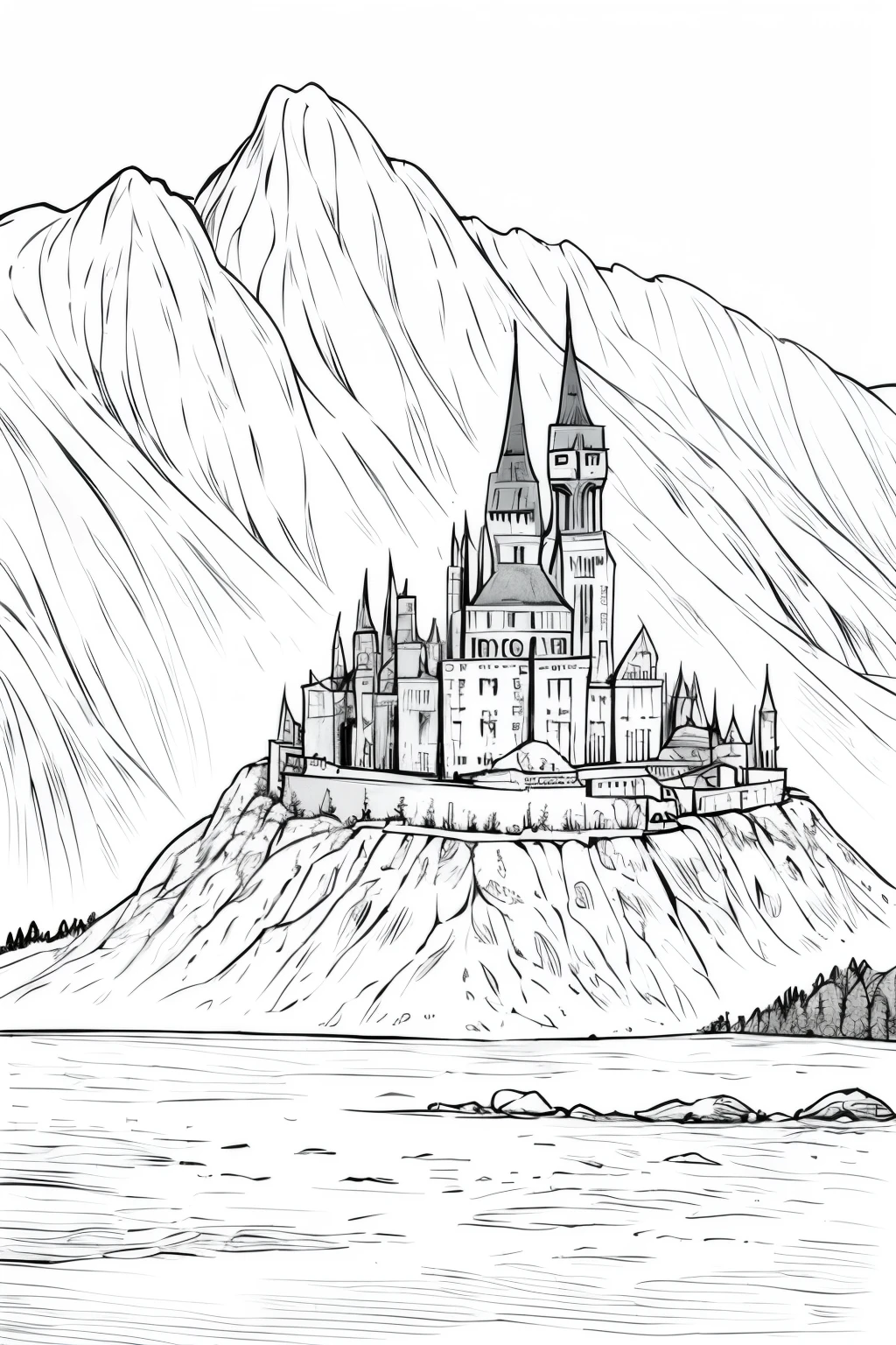 medieval dnd fantasy castle village, mountains in the background,  very light colored grey scale, big lake in the front of the castle