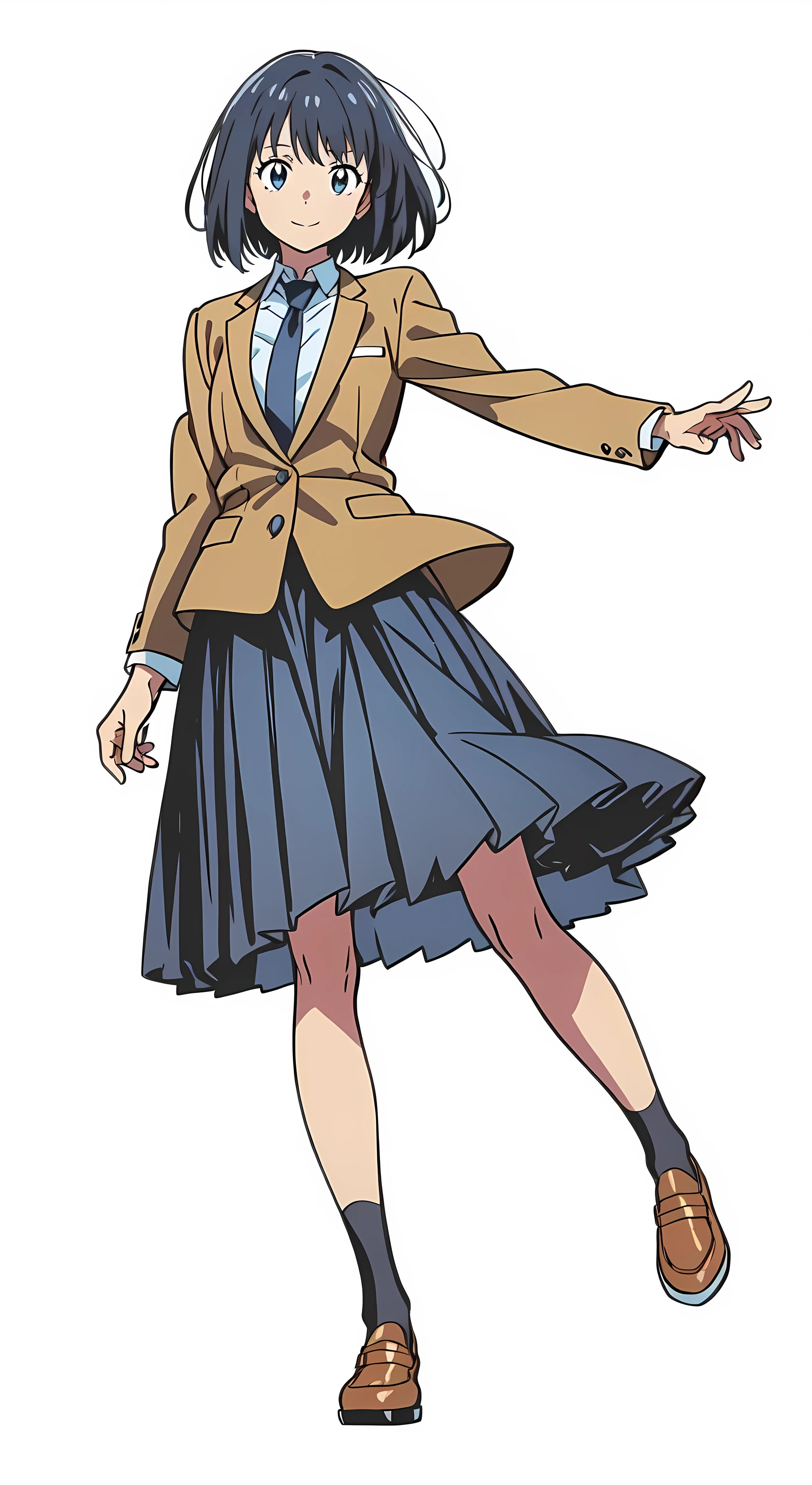 (tareme:1.5), (cheerful:1.5), (white background:1.0), (best quality:1.0), (masterpiece:1.0), (super fine illustration:1.0), (beautiful artwork:1.0), (anime screencap:1.0), (official art:1.0), (full body:1.0), (solo:1.0), (HSGA:1.0), (a 18yo cute girl:1.0), (long skirt:1.0), (dark blue skirt:1.0), (pleated skirt:1.0), (school uniform beige blazer:1.0), (dark blue necktie:1.0), (loafers:1.0), (black socks:1.0), (ideal ratio body proportions:1.0), (lanky:1.0), (tall:1.0), (slender:1.0), (small breasts:1.0), (smaller face:1.0), (tareme:1.0), (detailed beautiful eyes:1.0), (detailed beautiful face:1.0), (glowing black eyes:1.0), (bob cut hair:1.0), (black hair:1.0), (standing:1.0), (looking at viewer:1.0)