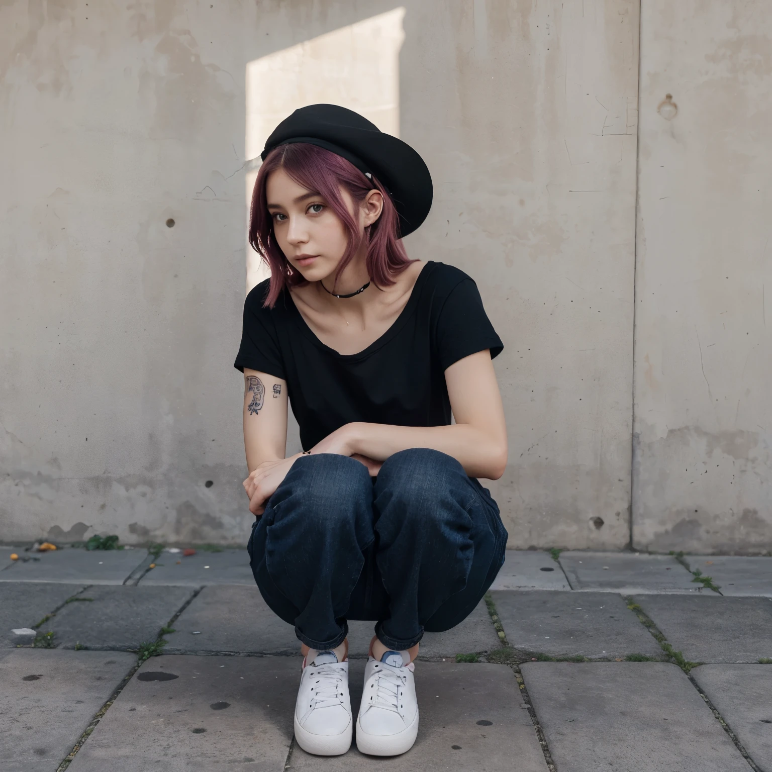Crea un personaje anime femenina, su cabello es de color rosa con un poco de morado, su sombrero es de color negro lleva una palabra q dice alo, tiene dos ojos de color negro, su piel es un color rosita muy pero muy claro, Man wears a small petsel on his left shoulder, He has a short black t-shirt on the front with small drawings of cow heads., su pantalon es color negro jean sus zapatillas so blancas, por ultimo lleva un bolso color negro de yoga