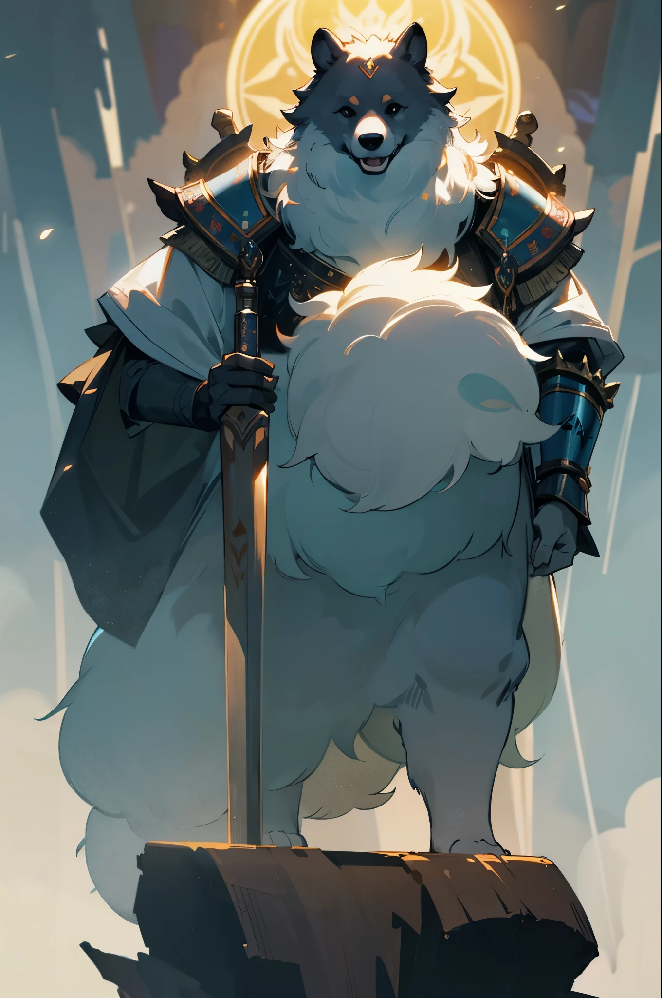 druid dog, antropomorphic, high ornamented armor, fluffy fur, foggy, stormy, 70mm, cinematic, highly detailed, bear real size, standing, with a quiver, magical lights, magical aura, strong lights, high illumination