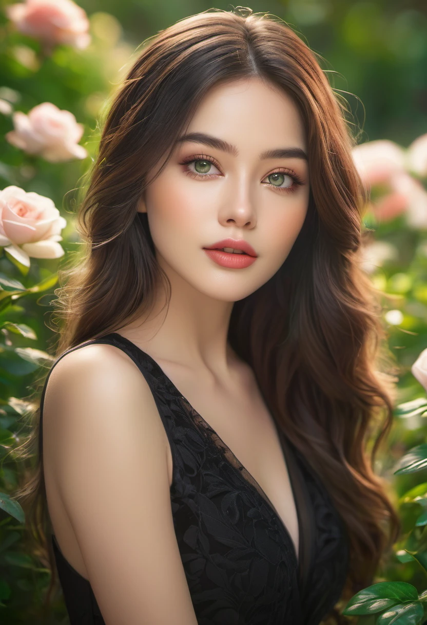 Best quality,high resolution,Ultra-detailed,(Realistic:1.37),(portrait:1.1),(photography:1.1),Vivid colors,soft lighting,beautiful detailed eyes,beautiful detailed lips,(long hair:1.1),(natural beauty:1.1),graceful pose,(black dress:1.1),rosy cheeks,green garden background,subtle bokeh,serene ambience