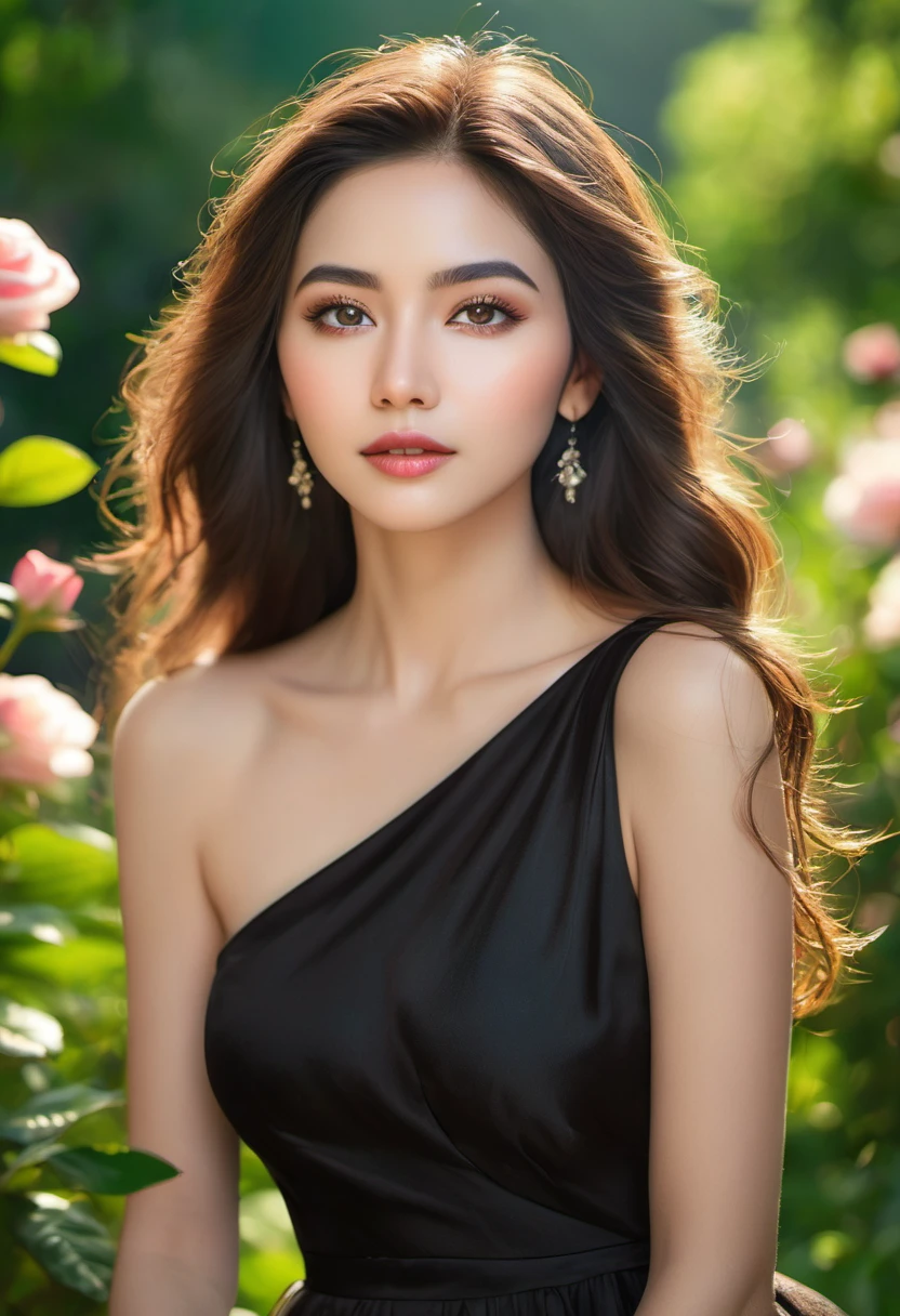 Best quality,high resolution,Ultra-detailed,(Realistic:1.37),(portrait:1.1),(photography:1.1),Vivid colors,soft lighting,beautiful detailed eyes,beautiful detailed lips,(long hair:1.1),(natural beauty:1.1),graceful pose,(black dress:1.1),rosy cheeks,green garden background,subtle bokeh,serene ambience