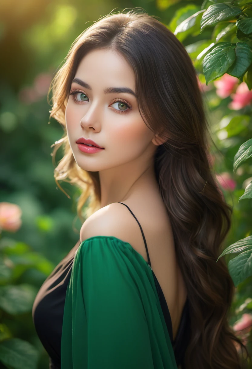 Best quality,high resolution,Ultra-detailed,(Realistic:1.37),(portrait:1.1),(photography:1.1),Vivid colors,soft lighting,beautiful detailed eyes,beautiful detailed lips,(long hair:1.1),(natural beauty:1.1),graceful pose,(black dress:1.1),rosy cheeks,green garden background,subtle bokeh,serene ambience