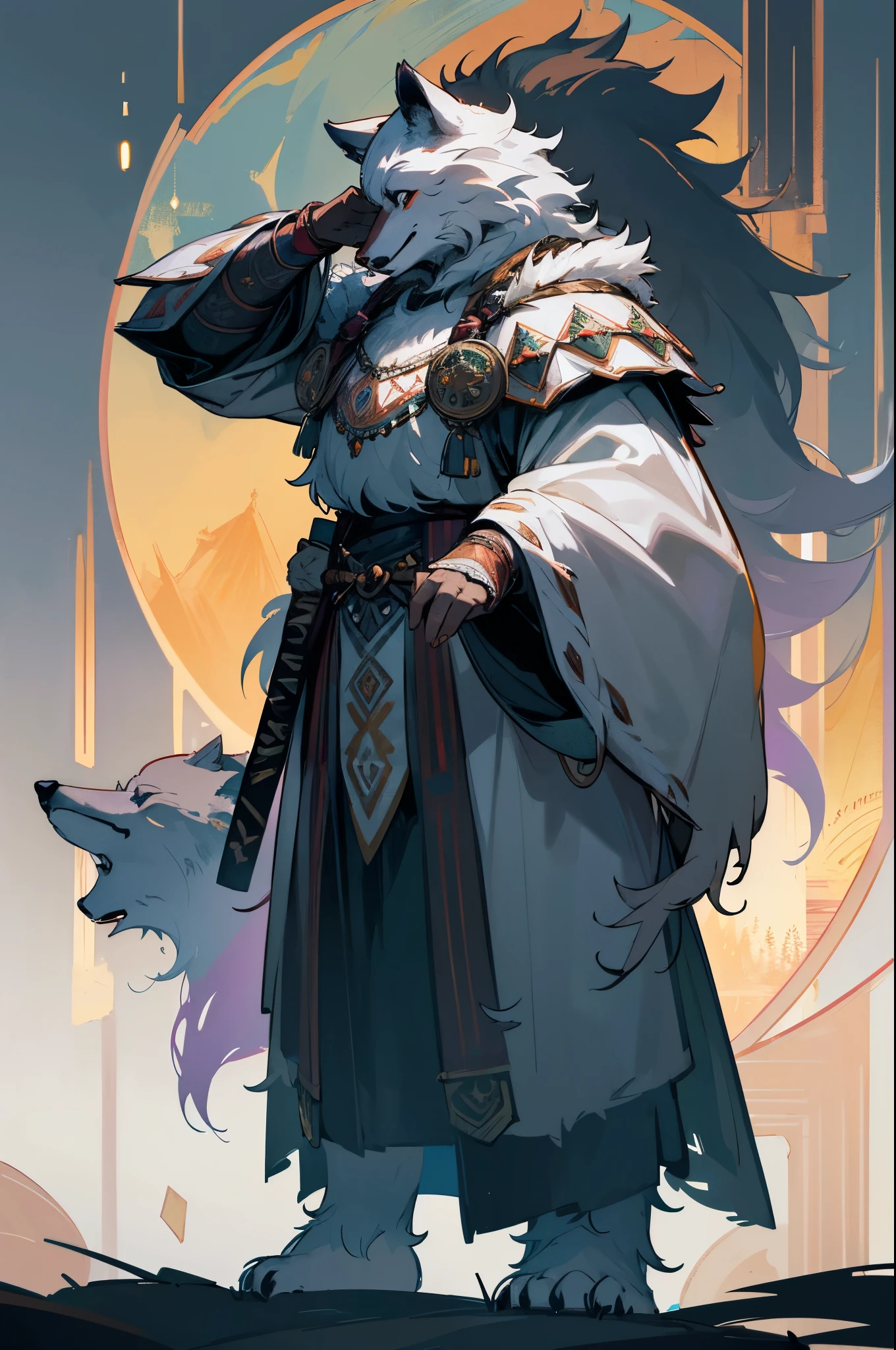 druid wolf, antropomorphic, high ornamented armor, fluffy fur, foggy, stormy, 70mm, cinematic, highly detailed, bear real size, standing, with a quiver, magical lights, magical aura, strong lights, high illumination