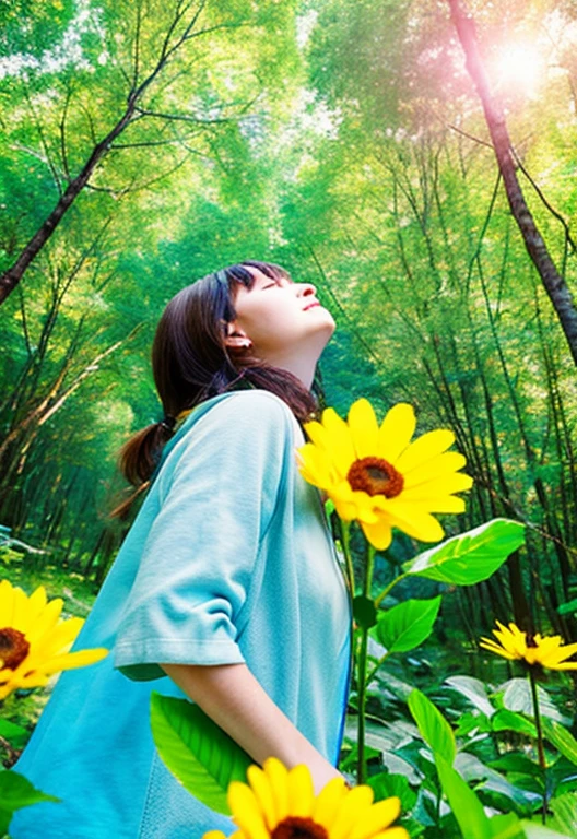 girl in a forest with floating flowers, river, puffy, puffy cheeks, cute,
vibrant colors, colorful art style, 
soft lighting, soft shadows, detailed textures, dynamic lighting,  
nice hands, perfect hands, 
