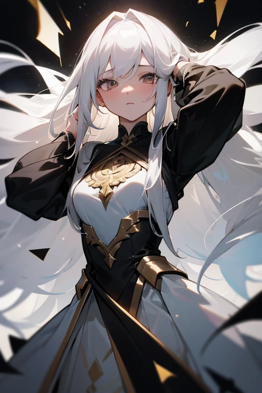 masterpiece, best quality,portrait of 1girl, black background with a gray gradient from below, long white hair, clothes are a black narrow dress with gold elements, white light is falling from above, she holds her hands behind her head