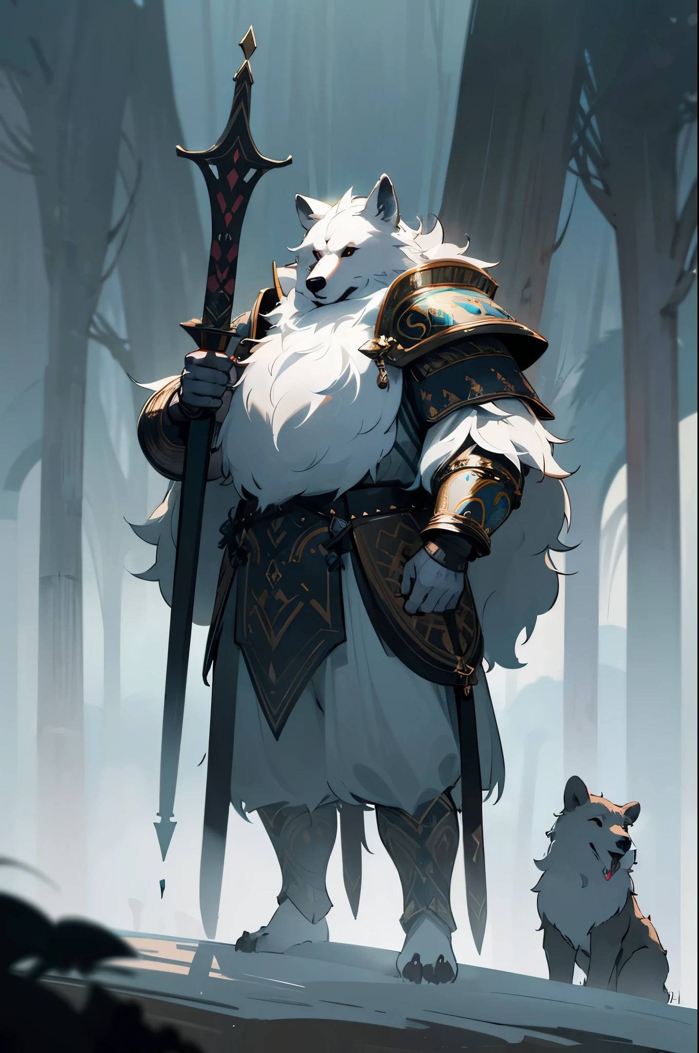 druid wolf, antropomorphic, high ornamented armor, fluffy fur, foggy, stormy, 70mm, cinematic, highly detailed, bear real size, standing, with a quiver, magical lights, magical aura, strong lights, high illumination
