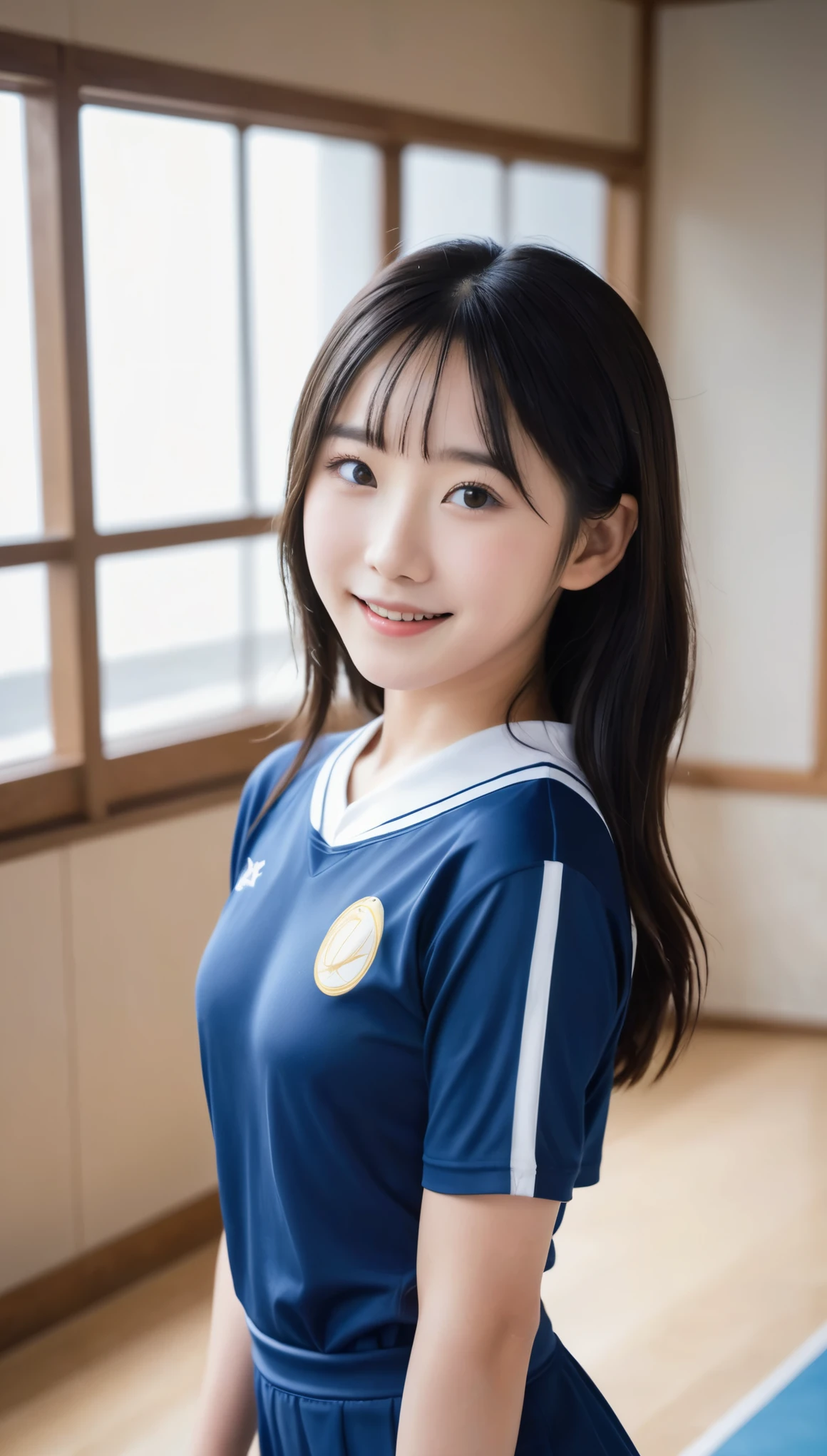 highest quality、masterpiece、live-action、Realistic、High resolution、4k、Japanese、whole body、Black Hair、、Cute Girls、、Cute smile、Gymnastics、volleyball、Japanese school、gym、Dynamic -- 9:16