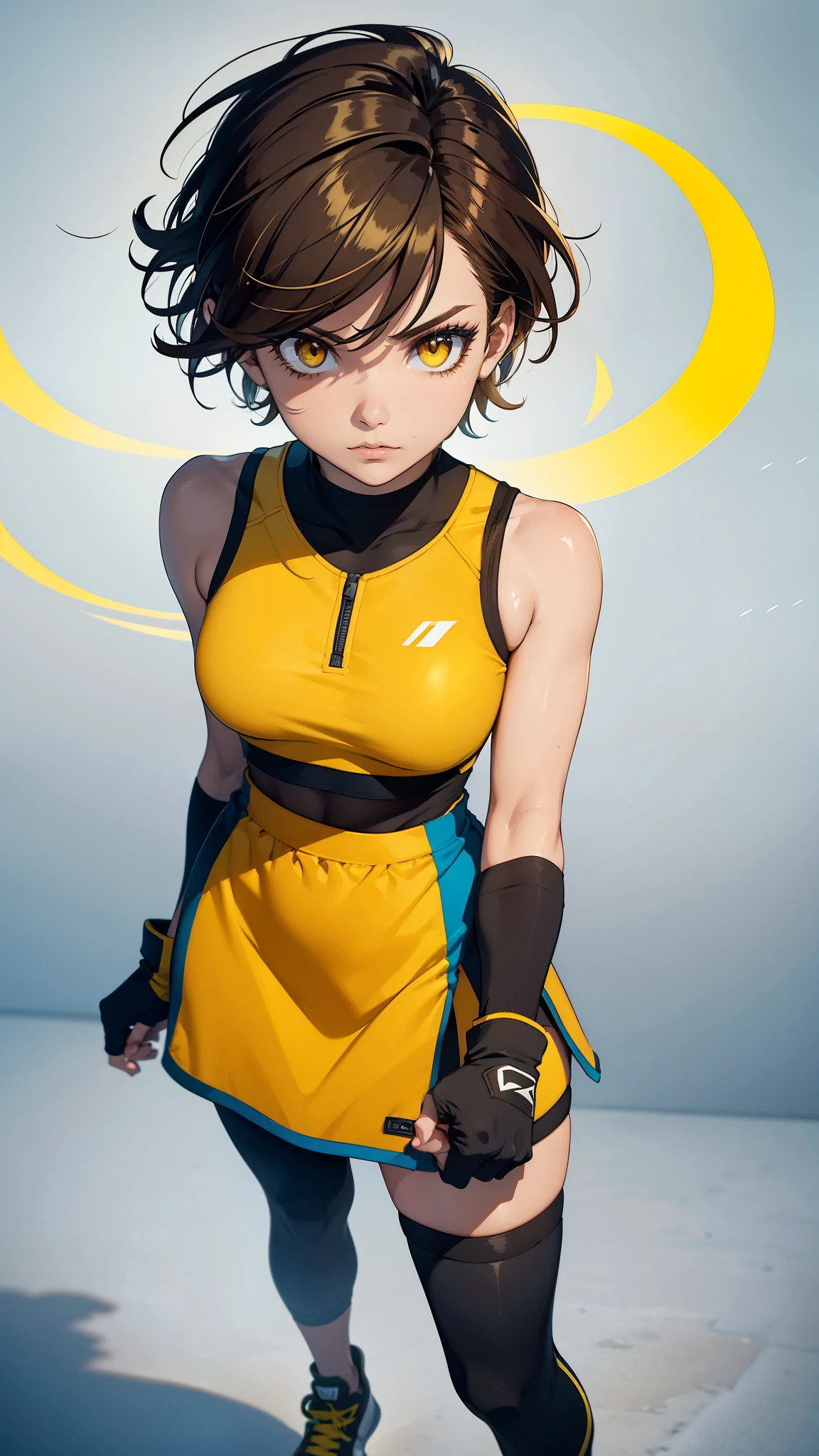  short hair,brown hair, yellow glowing eyes, yellow eyes, short hair wearing fingerless gloves, punching the camera, makeup, mascara, Lips are subdued or  colors, ultra detailed face, glowing lips, sports shorts, sleeveless shirt, sneakers 👟 Minimalism, monotone, simple color palettes, Clean, sharp designs, flowing silhouettes, sports clothes, fighting clothes, high-waisted short, simple dresses, shirts, pants and blouses, asymmetrical, geometric, Fullbody shot, 