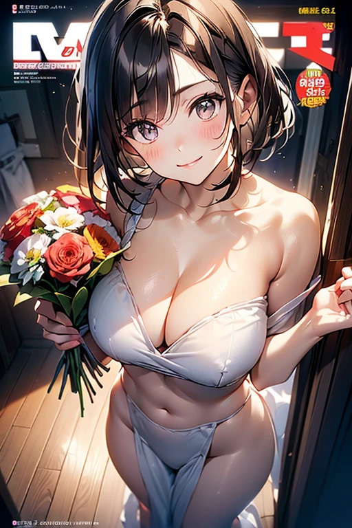 (from above:1.2),(from side:0.9), ((Face)), (Close-Up:0.4), ((looking at viewer, holding a bouquet)),(magazine cover:1.4), highest quality、(real、photorealistic:1.4),(ultra high resolution, 8K RAW photo, clear focus), best qualtiy, natural lighting, field depth, (Bright pupils, detailed beautiful eyes, high detailed face), Red lip, (tight focus:1.2, from below), sexy posing, seductive weak smiling, Looking at Viewer, Cinematic lighting, Perfect, softlight, High resolution skin:1.2, Realistic skin texture, body tired from sports、30 years old mature woman、a small face、beautiful-makeup、Makeup light、Shortcut Hair、dark brown hair、Bust b Cup, Amazing Cleavage, thin waist, big ass, Raised sexy, big breast: 1.2 posed cleavage:1.2、off shoulders、Sportsbra、legginullnude、cute wall background .