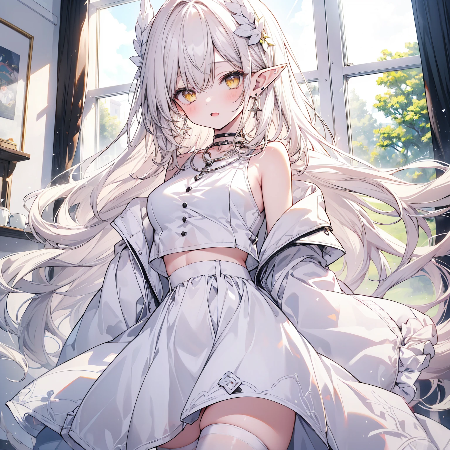 (masterpiece, depth of field, delicate, aesthetic, voluminous forms), a girl, skinny, pale, big thighs, huge breasts, (white long hair, yellow eyes, hipnosis eyes, blush, opened mouth), ((wearing a crop top, coat, shorts, thighhighs)), necklace, earrings, elf ears, (scenery, indoors, cute room, minimalistic interior, white and pastel colours, window, table, computer, art set)