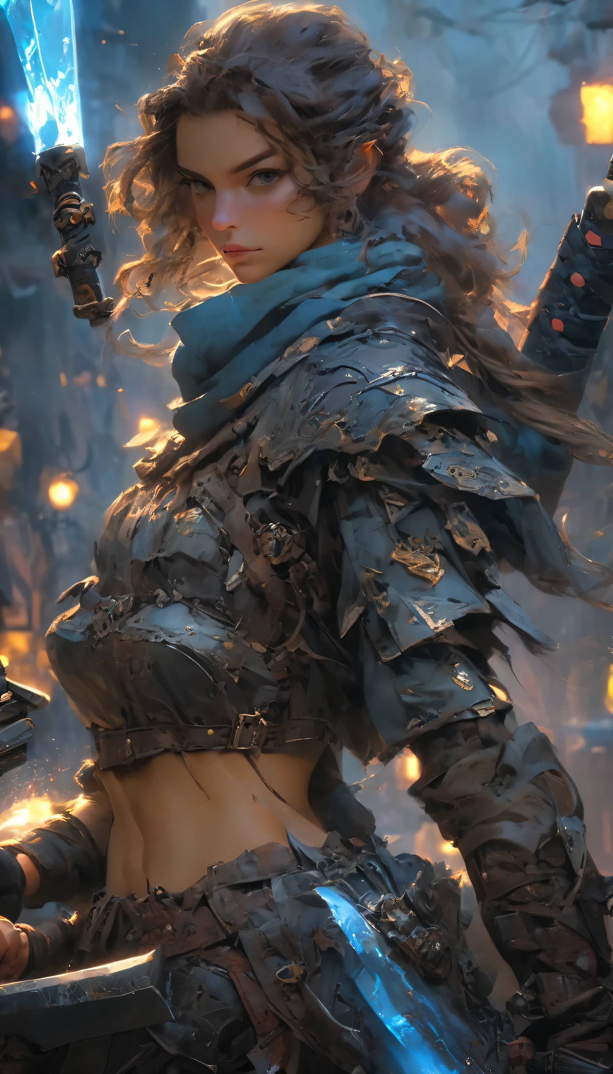 Masterpiece, best possible quality (UHD photographic low angle shot,) ((of a gorgeous rough and ready adventurer in the middle of a street, in a dystopian city under attack, by what appear to be humans that have been infused with Viper DNA, The girl was no older than 19 years old, but could fight like she was born for it, natural beauty, stunningly beautiful, (((Ultra-fine-detailed fashion model looks and figure))), long, detailed, flowing ponytail)), ((holding a long dagger and a .50 desert eagle)), razor-sharp curved blades, in a fighting stance dressed in a leather, scrapped metal and fur lined garments that didn't leave too much to the imagination, consistent with the local tribes. (((It was her very fit body that was exuding a bright blue glowing aura, a luminescence that would light the street at night if it came to that, coming from her body in all directions))), wide-angle lens f/1.8, horrible battle imagery, magical bright blue rays of energy, explosions of earth, fire and smoke, swordplay, exciting action, fierce gaze, Ultra-high-quality, Ultra-fine-details, dystopian, post-apocalyptic setting, cinematic movie still, masterpiece, the best quality possible, highest possible resolution, 8k, ray tracing, HDR, UHD, volumetric lighting, Absurd resolution, textured details, excellent composition and lighting, golden hour, rule of thirds, over the shoulder, back view, God rays, God particles, Unreal Engine 5, Unity Engine, Blender, corona render, octane render, masterpiece,