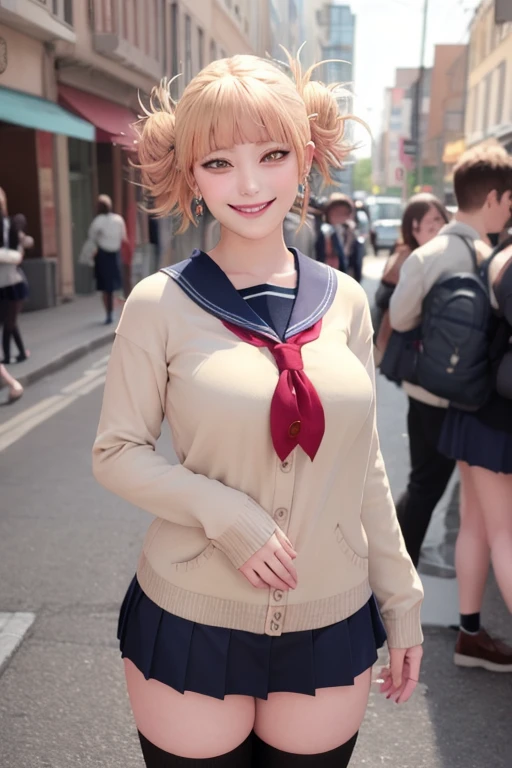 kujikawadef,twintails,,black serafuku,long sleeves,skirt,thighhighs,jewelry,earrings,standing,
best quality, highly detailed, masterpiece, absurdres,8k,   photorealistic, realistic,detailed skin texture,detailed pupils,HDR,natural lighting,
1girl,solo,(happy:1.1),(smile:1.2),shorthair,brown hair,(angular face:1.2),shiny face,large breasts, narrow waist, lip makeup,