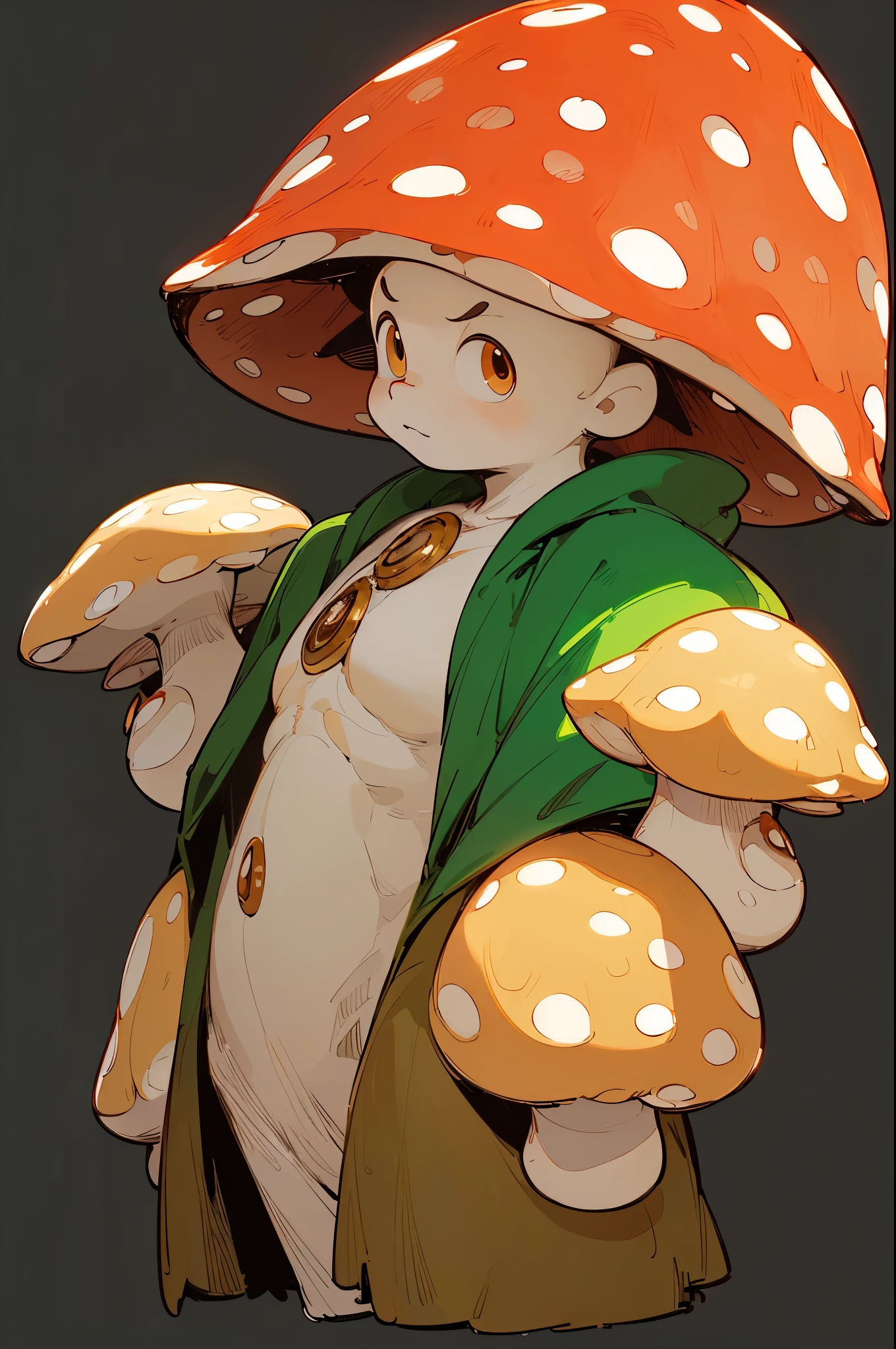 ((top-quality))、((tmasterpiece))、((Full body photo of anthropomorphic male mushroom))、((very simple background))、(Game character design)、Mushroom anthropomorphic monsteross and mushrooms merge with the body,)、luminous body、Beastman、Ornaments with mushroom motifs、solo、Bigchest,arms in pockets, upper body