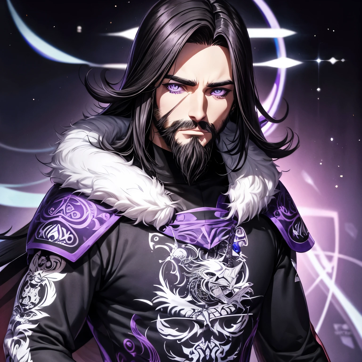 Male in his late twenties, Medium length hair that reaches shoulder length, small beard;, Purple eyes, Dark circle, White skin, cartoon, Wear technology clothing.