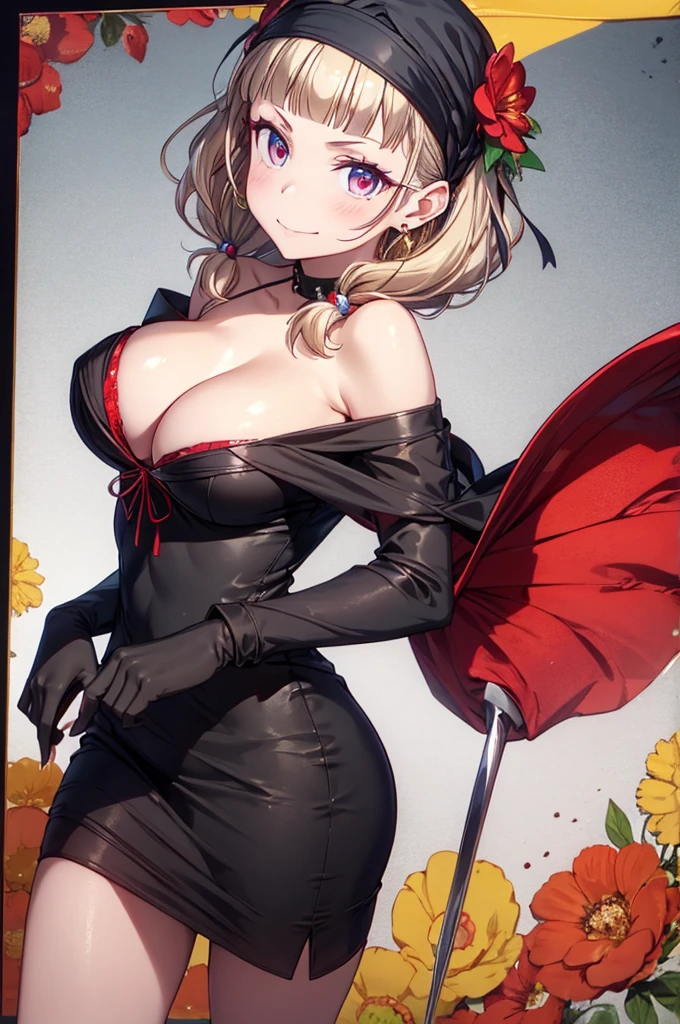 yor briar, anime style beutiful woman, 1girl, happy, sexy pause,(with sparkling eyes and a contagious smile:0.9),red face, closed mouth, beautiful detailed eyes, super detailed skin, backlighting, bare shoulders, black background, black dress, black gloves, black hair, breasts, dress, earrings, fingerless gloves, floating hair, floral print, flower, gloves, gold earrings, gold hairband, hair flower, hair ornament, hairband, holding, holding weapon, jewelry, large breasts, long hair, looking at viewer, off-shoulder dress, off shoulder,red eyes, short hair with long locks, sidelocks, solo, spikes, thighs, two-sided dress, two-sided fabric, weapon, fighting stance , face, close up, from above, highest quality, looking at viewer,high resolution.